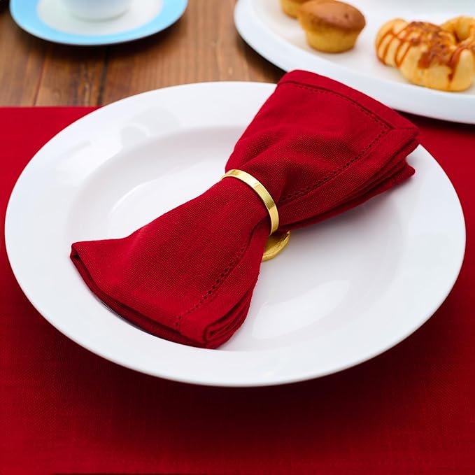 Red Hemstitch Cloth Napkins 100% Cotton – Dinner Napkins Set of 6/12, 18x18 – Washable Fabric Napkins for Holiday, Christmas, Thanksgiving Table Décor
