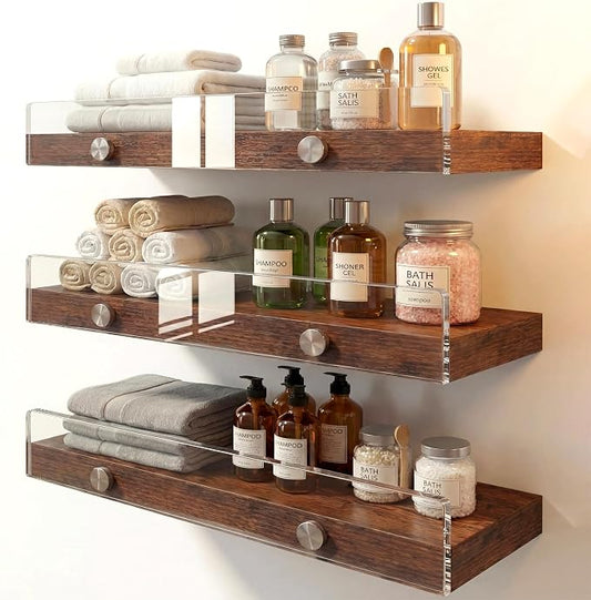 Wood Floating Shelves with Acrylic Front Lip, Rustic Shelf 15.7 inch, Floating Shelf for Wall Mounted Set of 3, Wide Wooden Wall Shelves for Living Room Bedroom Kitchen Bathroom, Brown, 15.7W x 5.8D