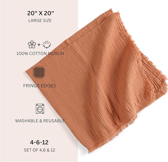 FINGERCRAFT Cloth Napkins Natural Cotton Cheesecloth Set of 12 Premium Fringe Design Dinner Napkin Soft Durable Ideal for Dining Room, Restaurant, Weddings Events Washable Good Absorbency Rust