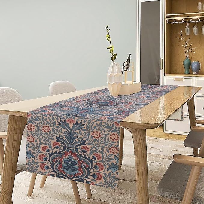 William Morris Flower Table Runner, Vintage Boho Style Floral Botanical Tree Plant Pattern Dinner Runner for Home Kitchen Dining Table Decoration 13x108 Inch