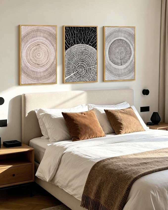 PHOPAGO Vintage Wood Tree Rings Wall Art 16x24in Farmhouse Rustic Framed Paintings Nature Artwork for Dining Room Home Office - Natural Framed