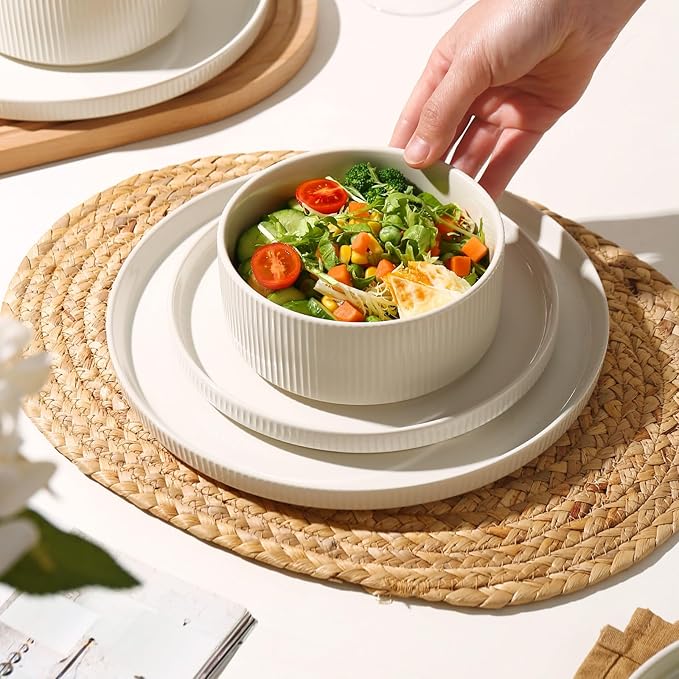 MONITO Ceramic Plates and Bowls Sets for 6, 18PCS Stoneware Dinnerware Sets, Reactive Glaze Dish Set, Chip and Scratch Resistant Double, Microwave and Dishwasher Safe,White