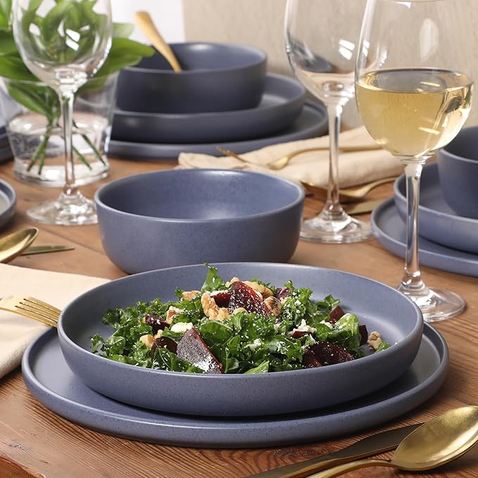 Gibson Elite Bayou Moon Plates and Bowls Sets, 16-Piece Blue Matte Stoneware Dinnerware Sets, Solid Color Reactive Glaze Dish Set