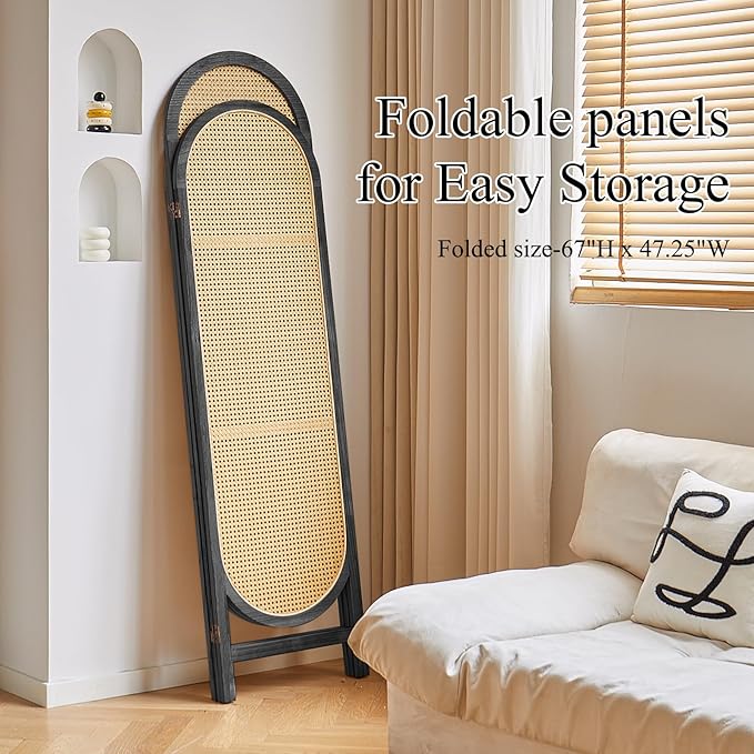 Room Divider Panel, 3 Panel Roomdivider Wall, Wood Room Dividers and Folding Privacy Screens, Rattan Partition Room Dividers, Privacy Dividers for Rooms, Bedroom, Dining Room, Black