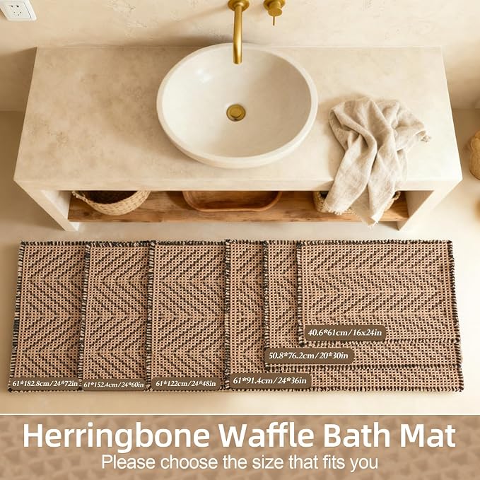 Sunfly Waffle Bath Mat, Boho Bathroom Rugs Non Slip Washable Super Absorbent Quick Dry Bath Mat Farmhouse Bathroom Decor, 24"x36" Black &Khaki