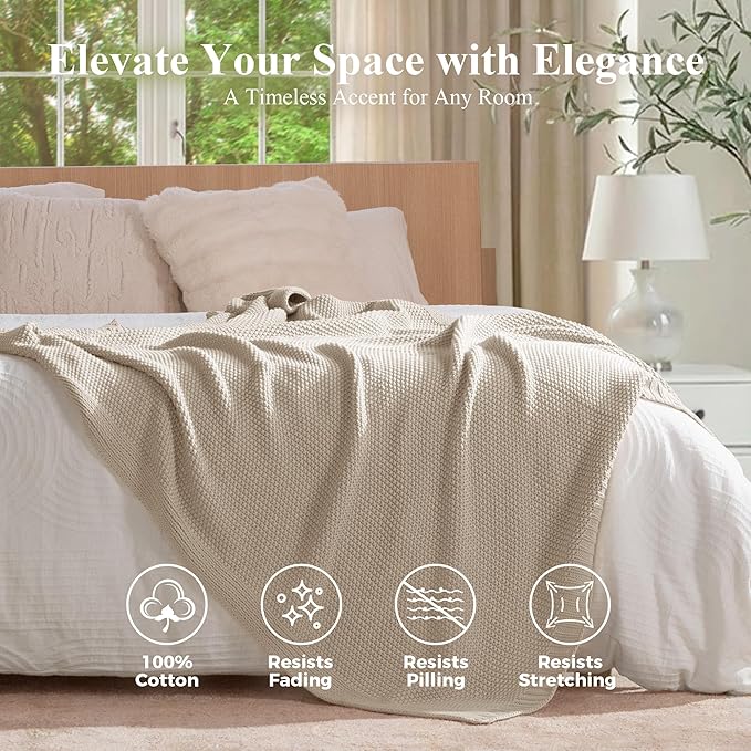 100% Cotton Cable Knit Throw Blanket, Lightweight Soft Knit Blanket for Sofa Couch Bed, Breathable All-Season Throw, Cozy Decorative Blanket, 50 x 60 Inch,Linen