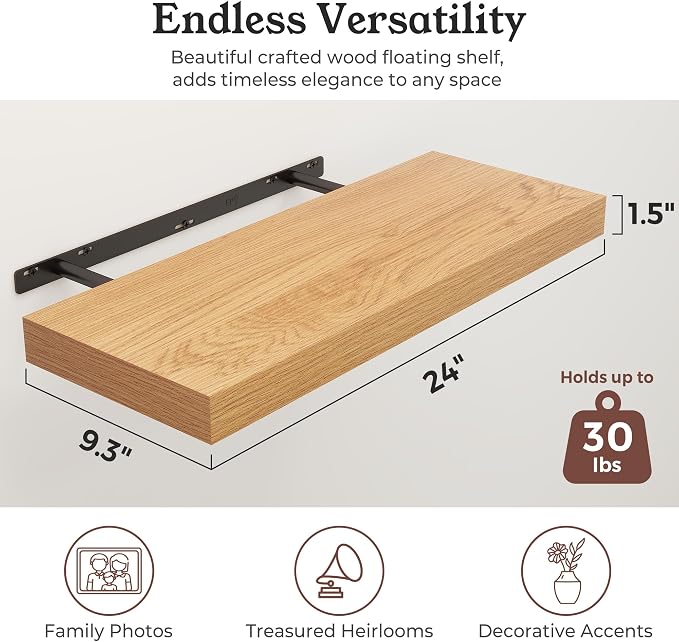 Floating Shelves for Wall, 9.3" Deep Wall Mounted Wood Shelves for Bathroom, Bedroom, Living Room, Kitchen, Hanging Shelf for Books/Storage/Room Decor (Oak, 24")