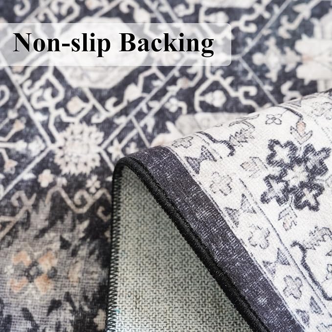 Washable 4x8 Hallway Runner Rug: Vintage 8ft Soft Runners for Entry Living Room Wide Low Pile Carpet with Non-Slip Backing for Kitchen Bedroom Thin Stain Resistant Floor Mat for Dining Room(Black,4x8)