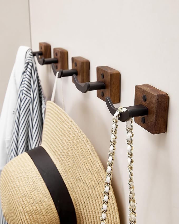 3 Pack Matte Black Wall Coat Hook Rack, Modern Coat Hooks Black Walnut Wood Black Metal Decorative Backpack Hanger Wall Mounted for Hanging Coats, Hats, Bags