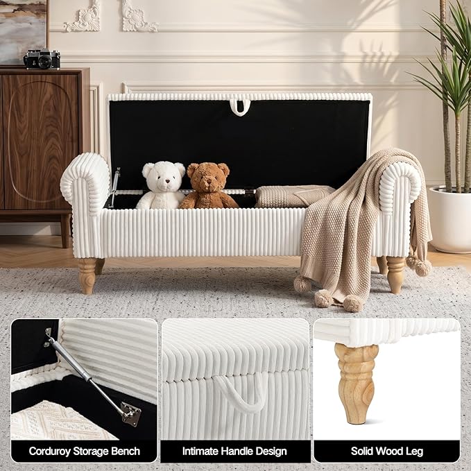 51.5" Storage Ottoman Bench, Upholstered Corduroy Storage Benches for Bedroom, End of Bed Storage Bench for Living Room & Entryway, Window Benches for Foot of Bed, White