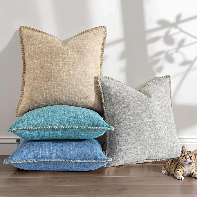 decorUhome Summer Decorative Throw Pillow Covers 22x22 Set of 2 Square Faux Linen Farmhouse Euro Sham Pillow Covers with Stitched Edge Outdoor Pillow Covers for Couch Sofa Living Room, Taupe