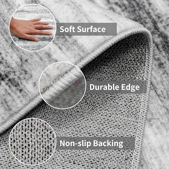 2x5 Washable Runner Rug for Family: Easy-to-Clean Runners for Hallway Entryway Bedroom - Stain and Water Resistant Rugs with Non-Slip Backing - Soft Low-Pile Carpet Grey