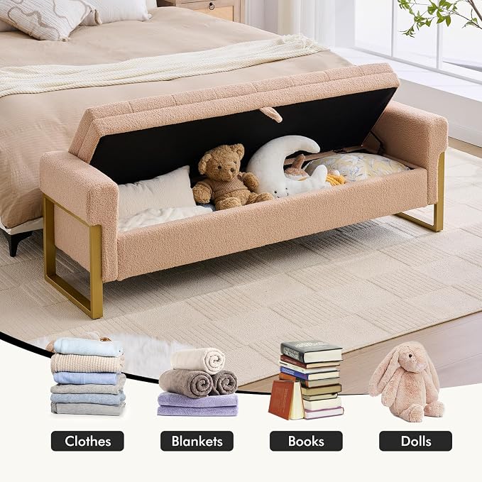 67" End of Bed Storage Bench King Size, Bench for Bedroom Foot of Bed, Upholstered Storage Ottoman with Gold Legs for Window Living Room, Teddy Camel
