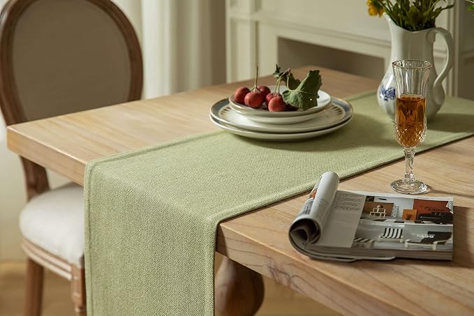 ZeeMart Burlap Style Farmhouse Table Runners 72 Inches Long, Sage Green Rustic Woven Dining Table Runner for Everyday Use, 14x72 Inches, Light Sage Green