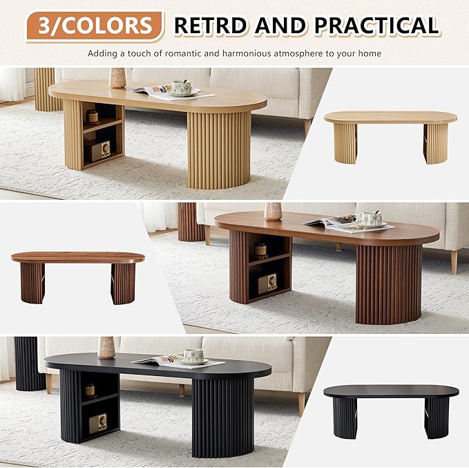 Oval Fluted Coffee Table, 47" Farmhouse Wood Coffee Table Mid Century Modern Center Table Boho Living Room Tables for Living Room Office,Black