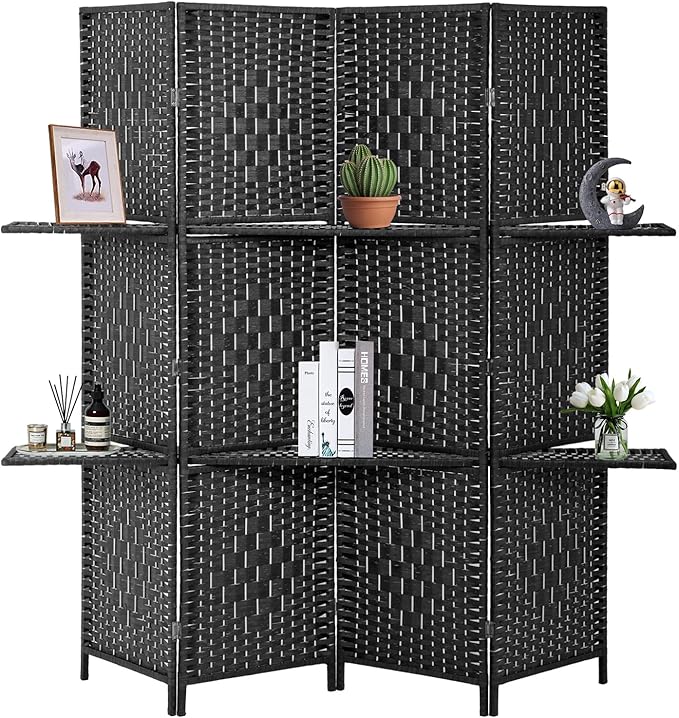 Room Divider 4 Panel Room Screen Divider Wooden Screen Folding Portable Partition Screens Wood with Removable Storage Shelves Color, Black