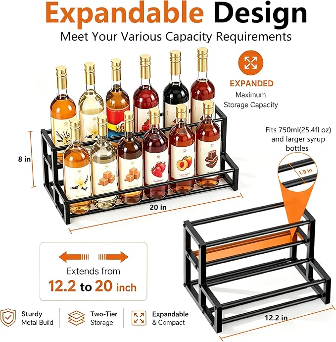 Expandable Coffee Syrup Organizer, Heavy Duty Syrup Rack Enlarged 6-12 Bottles Syrup Stand for Coffee Bar Accessories, Width Adjustable Space-Saving Storage Coffee Rack