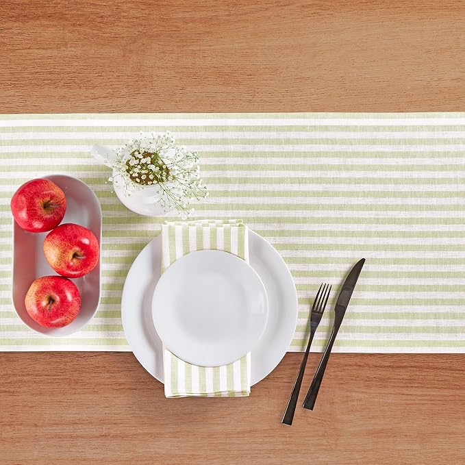 Solino Home Linen Table Runner 90 Inches Long - Amalfi Stripe, 100% Pure Linen Sage and White Farmhouse Table Runner 14 x 90 Inch for Dining, Summer