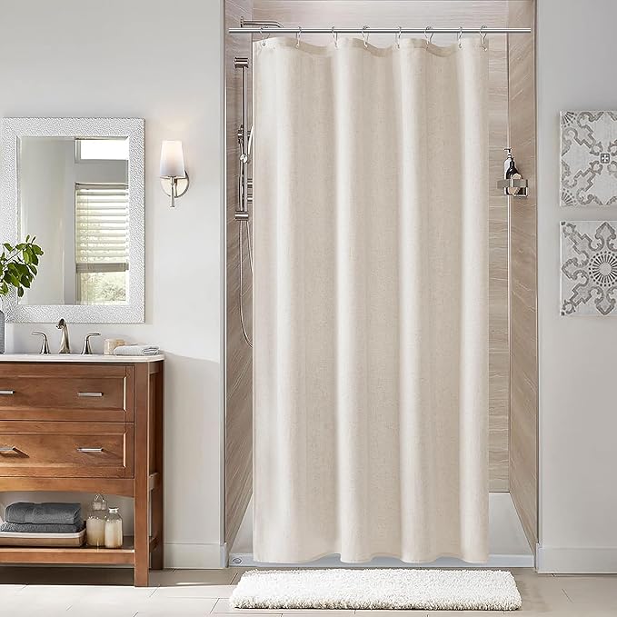 Naturoom 42 Inch Shower Curtain - Stall Narrow Half Green Linen Ultra Thick Fabric Shower Curtain Set with Hooks, Boho Farmhouse Rustic RV Camper Bath Curtains for Bathroom, Oatmeal, 42x72