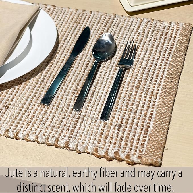 Chardin Home Natural Jute and Ivory Placemats, Set of 4 – Rustic Handmade Boho Table Mats, 13x19 Inch Dining Table Placemats for Kitchen, Everyday Meals, Holidays, Farmhouse or Modern Table Décor