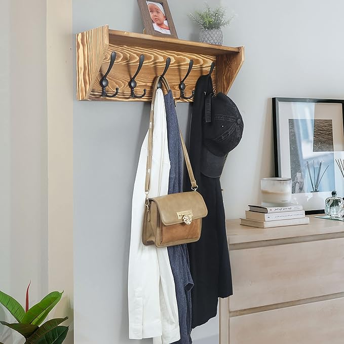 WEBI Wall Shelf with Hooks Underneath,24" Long Wall Mounted Coat Rack with Shelf,5 Triple Hooks,Wall Shelves for Bathroom,Rustic Brown