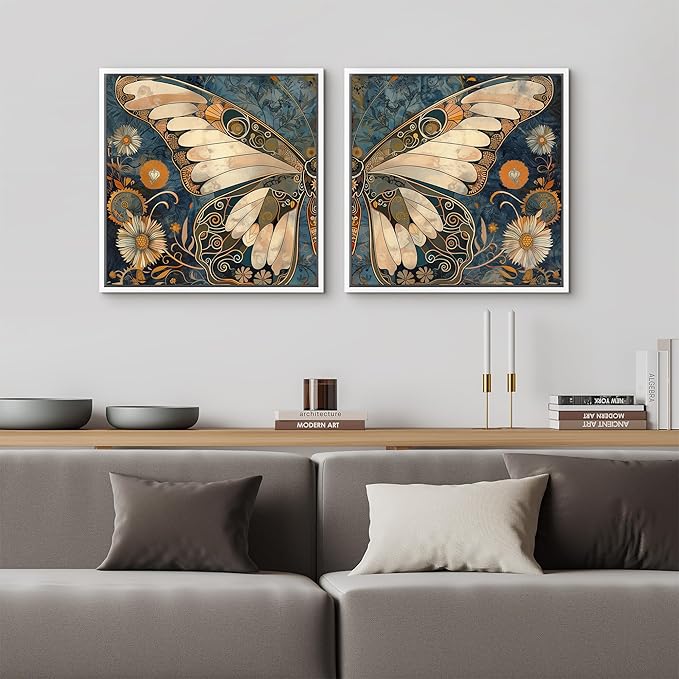 SIGNFORD Framed Canvas Print Wall Art Set Vintage Butterfly Floral and Insect Illustrations Modern Art Minimal Relax/Calm for Living Room, Bedroom, Office - 16"x16"x2 White
