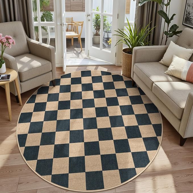 Lahome Colette Checkered Round Rugs 6ft, Outdoor Patio Easy Jute Rug Indoor Outdoor Circle Carpet, Farmhouse Nature Non Shedding Non Slip Washable Black Carpet for Living Room Entry Deck