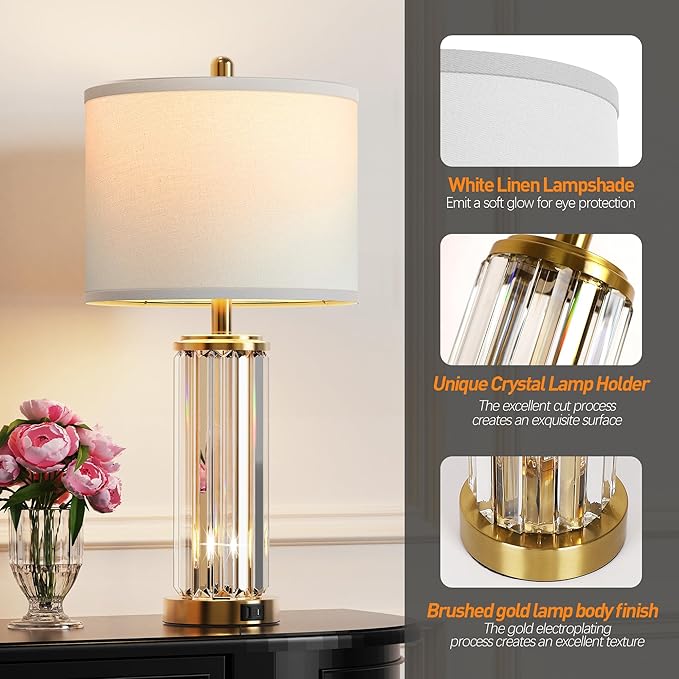 QiMH Gold Table Lamps for Bedroom Set of 2 with Nightlight, Modern Bedside Lamp with 2 USB A+C Charging Port, Clear Nightstand Lamp for Living Room White Shade Home Light Decor(LED Bulbs Included)