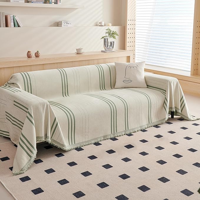 DREAMINGO Couch Cover Reversible Chenille Loveseat Sofa Covers for Dogs Pets Beige Green Couch Protector for 2 Cushion Couch Sofa Vertical Stripe Jacquard Sofa Slipcover Sectional, 71"x118"