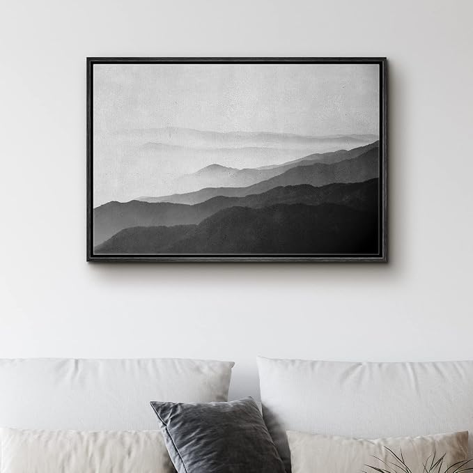 SIGNWIN Framed Canvas Print Wall Art Black Gray Watercolor Foggy Mountains Abstract Nature Illustrations Modern Art Decorative Elements Duotone for Living Room, Bedroom, Office - 24"x36" Black