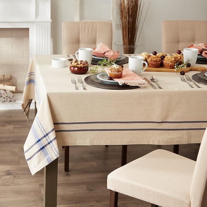 DII French Stripe Tabletop Collection Farmhouse Style Dining Table Linen Tablecloth, 60x104, Taupe/Blue