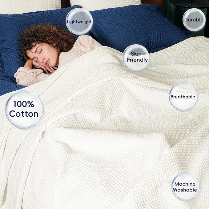 PHF Pre-Washed 100% Cotton Waffle Weave Blanket Queen Size for Bed,Snag Proof Throw Blanket for Couch Spring Summer Lightweight Breathable,Machine Washable, Home Decor Gift - Cream