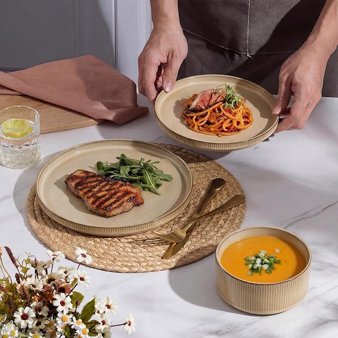 E-far Stoneware Dinnerware Sets for 2, 6-Piece Plates and Bowls Sets, Chip & Scratch Resistant Ribbed Dish Set for Home Restaurant, Microwave & Dishwasher Safe, Caramel Khaki