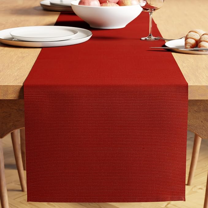 Encasa XO Dining Table Runner 13"x98" | Yarn Dyed Fine Ribbed Cotton | Solid Red | Machine Washable
