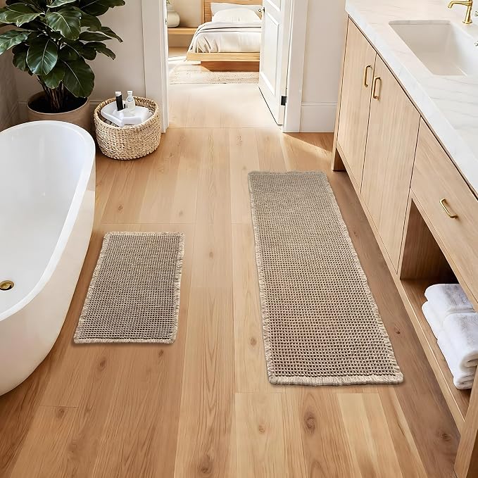 Large Bathroom Rugs Sets 2 Piece - Waffle Bath Mat Non Slip, Extra Absorbent Washable Bathroom Mats for Tub and Shower, Quick Dry Spa Decor, 20x32 & 20x48, Khaki