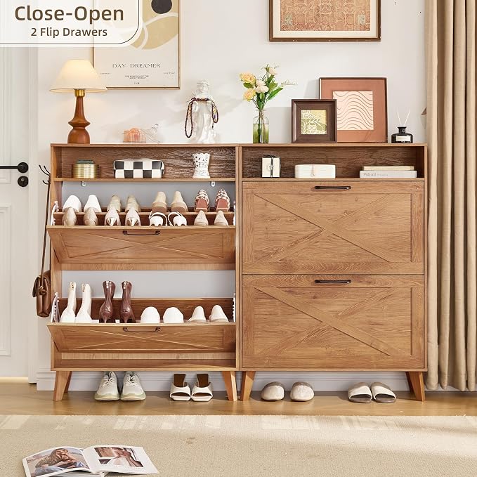 Joaxswe Shoe Cabinet Storage for Entryway with 2 Flip Drawers 2 Hook Open Storage Layer Rack Narrow Organizer Slim Hidden Wood Shoe Cabinet Furniture Tea Brown