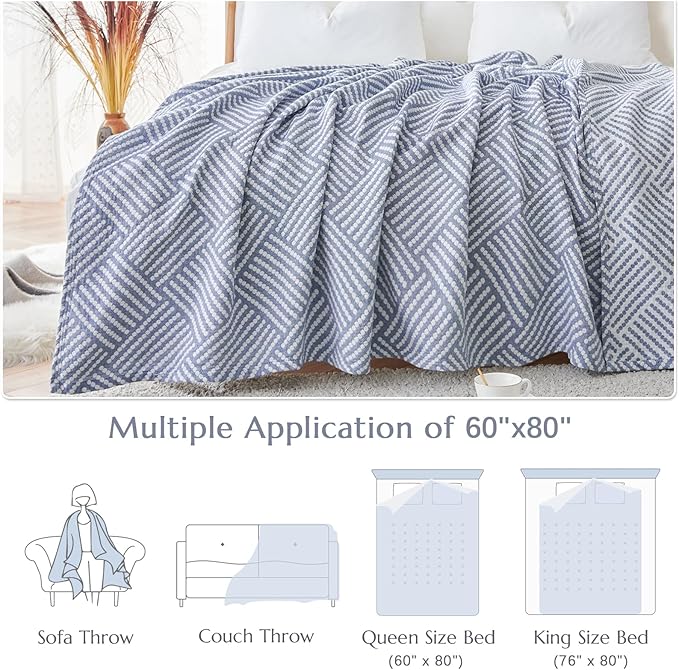 jinchan Boho 100% Cotton Blanket Muslin Twin Size 60x80 Inches Lightweight 3-Layer Geometric Square Striped Pattern Reversible Quilt Throw Soft Breathable Comfy All Seasons for Couch Bed Decor, Blue