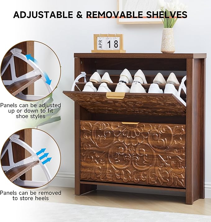 weselon Shoe Cabinet with Flip Drawers, Narrow Shoe Storage Cabinet, 2-Tier Hidden Shoe Organizer with Carved Floral for Entryway, Mid-Century Modern Slim Shoes Storage for Hallway Foyer (1, Walnut)