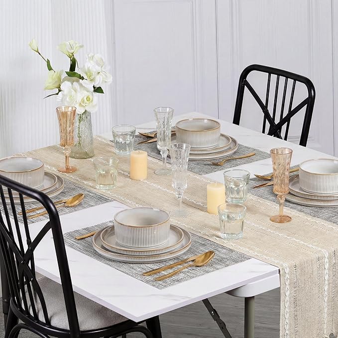 E-far Stoneware Dinnerware Sets for 2, 6-Piece Plates and Bowls Sets, Chip & Scratch Resistant Ribbed Dish Set for Home Restaurant, Microwave & Dishwasher Safe, Creamy Beige