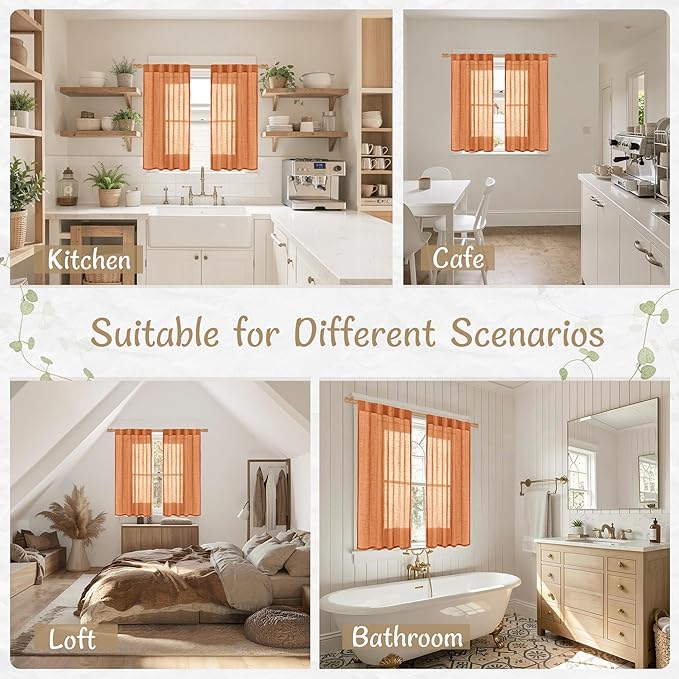 LAMIT Burnt Orange Short Linen Curtains 45 Inch Length 2 Panels, Semi Sheer Light Filtering Panels Back Tab and Rod Pocket Country Decor Drapes for Kitchen/Window/Loft Room/Bedroom, 34 x 45 Inch