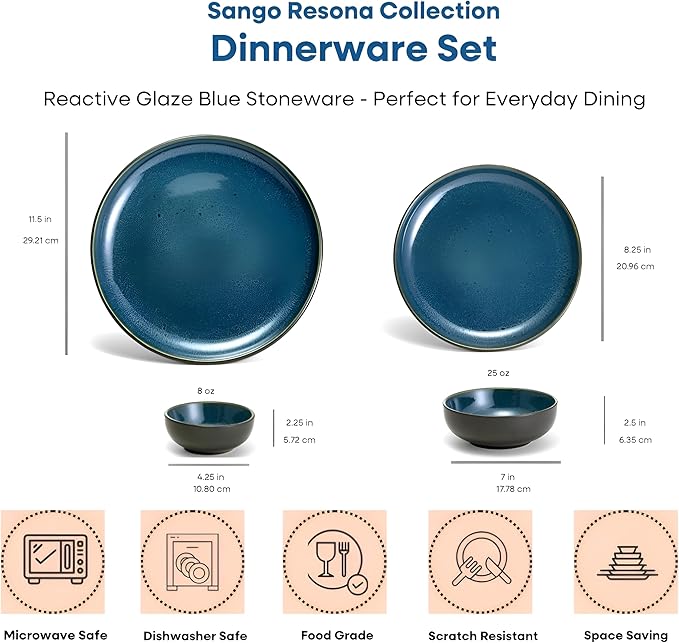 Sango 16-Piece Stoneware Dinnerware Set for 4, Glossy Black/Blue Big Dinner Plates and Bowls Sets with Reactive Glaze, Ceramic Dish Set, Modern Beautiful Dishes, Microwave & Dishwasher Safe, Resona