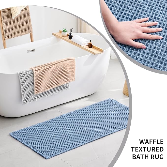 Disolla Waffle Bath Mat, Non Slip Absorbent Small Bathroom Rug, Machine Washable Quick Dry Ultra Soft Bathroom Floor Mat, Blue & White Bath Rug for Tub Shower, 17''x24''