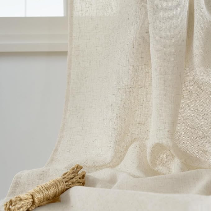 StangH Sheer Linen Curtains 84 inch Length 2 Panels Set, Natural Flax Linen Semi Sheer Curtains Soft Breathable Light Filtering Farmhouse Drapes for Living Room Sliding Door, W55 x L84