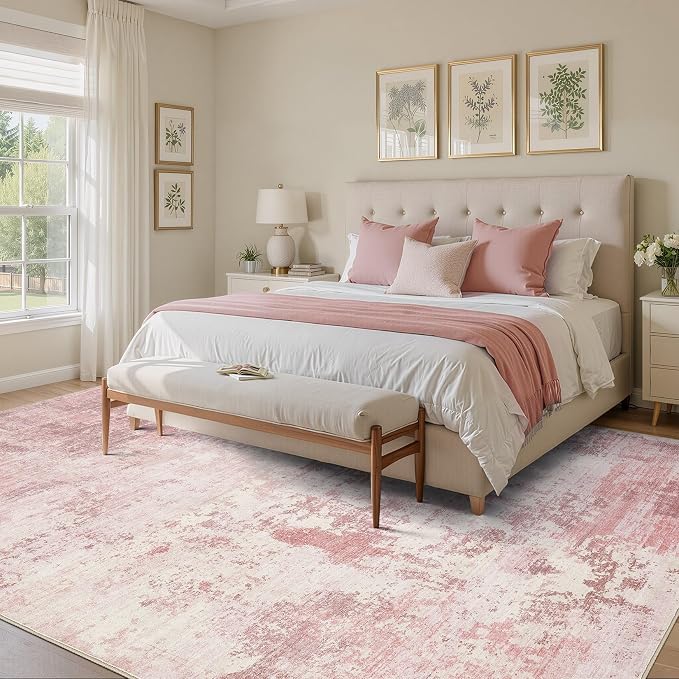 UERMEI 8x10 Area Rug Living Room Rugs - Washable Neutral Modern Abstract Soft Thin Large Rug Indoor Floor No Slip Rug Carpet for Bedroom Under Dining Table Home Office Decor - Pink