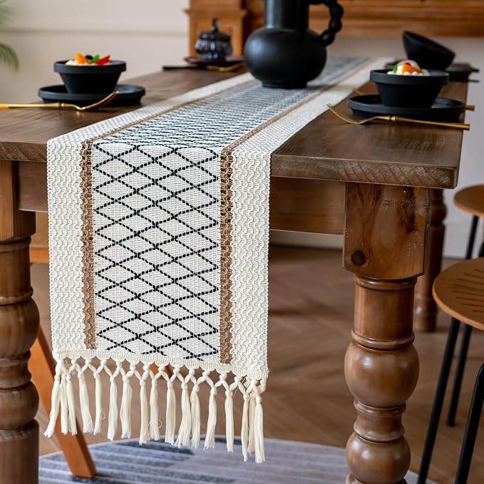 EMMTEEY Macrame Table Runner Boho Style - Scratch & Heat Resistant, Hexagonal Grid Cotton Linen Table Runner with Tassels for Home Decor/Bedroom (12"X94", Black)