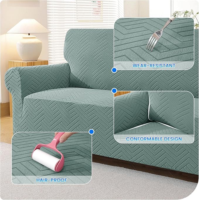Stretch Sofa Slipcover 2 Cushion Couch Sofa Cover,55"-69" Non Slip Soft Couch Sofa Cover Washable Furniture Protector with Non Skid Foam and Elastic Bottom for Kids, Pets,Pea Green