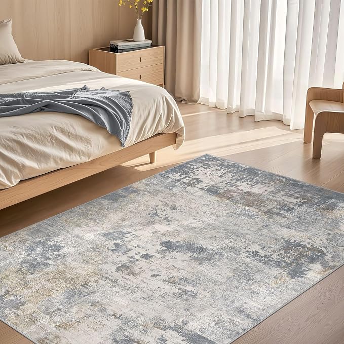 UERMEI 4x6 Area Rug Living Room Rugs - Washable Neutral Modern Abstract Soft Thin Rug Indoor Floor No Slip Rug Carpet for Bedroom Under Dining Table Home Office Decor - Blue Grey