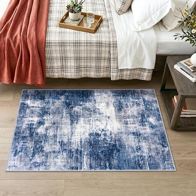 IOHOUZE Abstract Area Rug 3x4 Ft Washable Rugs for Entryway Indoor, Non Slip Kitchen Rug Printed Faux Wool Throw Rugs, Indoor Door Mat for Door Entrance Foyer Living Room, Navy/Grey