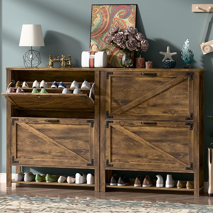 Shoe Storage Cabinet with 2 Flip Drawers, 5 Tier Narrow Hidden Shoe Cabinet for Entryway, Slim Wooden Farmhouse Shoe Rack Organizer Cabinets, Rustic Brown