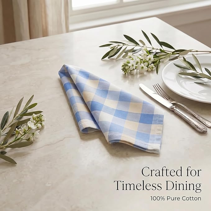 Urban Villa Cloth Napkins 100% Cotton Highly Absorbent Washable Reusable Premium Dinner Napkins Ideal for Gifts for Mothers Day Hotel Farmhouse Parties - Blue Sand Checks (20" x 20", Set of 12)